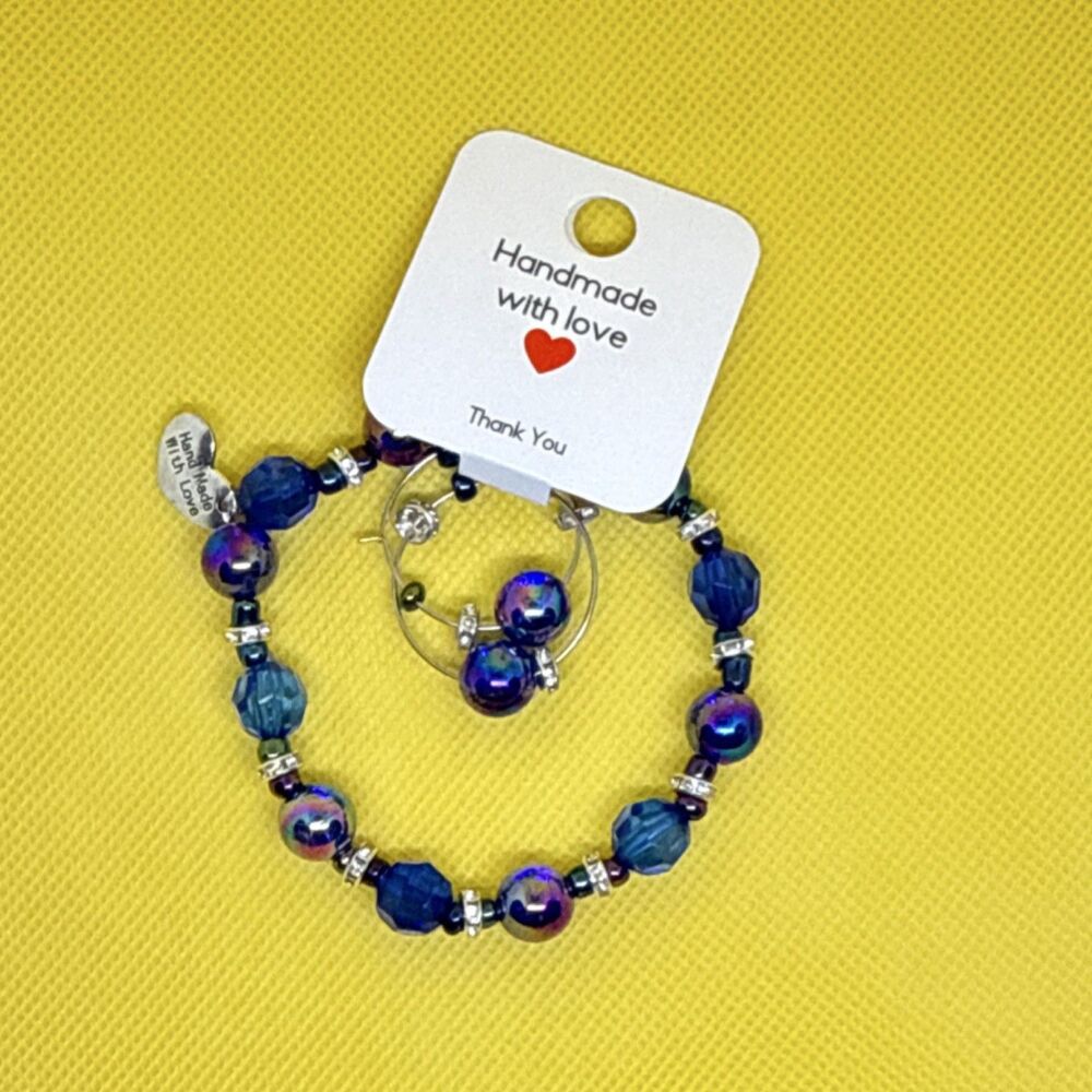 Hand Made With Love Handcrafted Blue Glass Round Bead Bracelet & Earrings Set